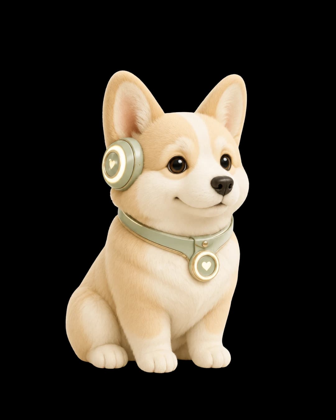 Steady, a cream-colored companion dog with sage-green headphones