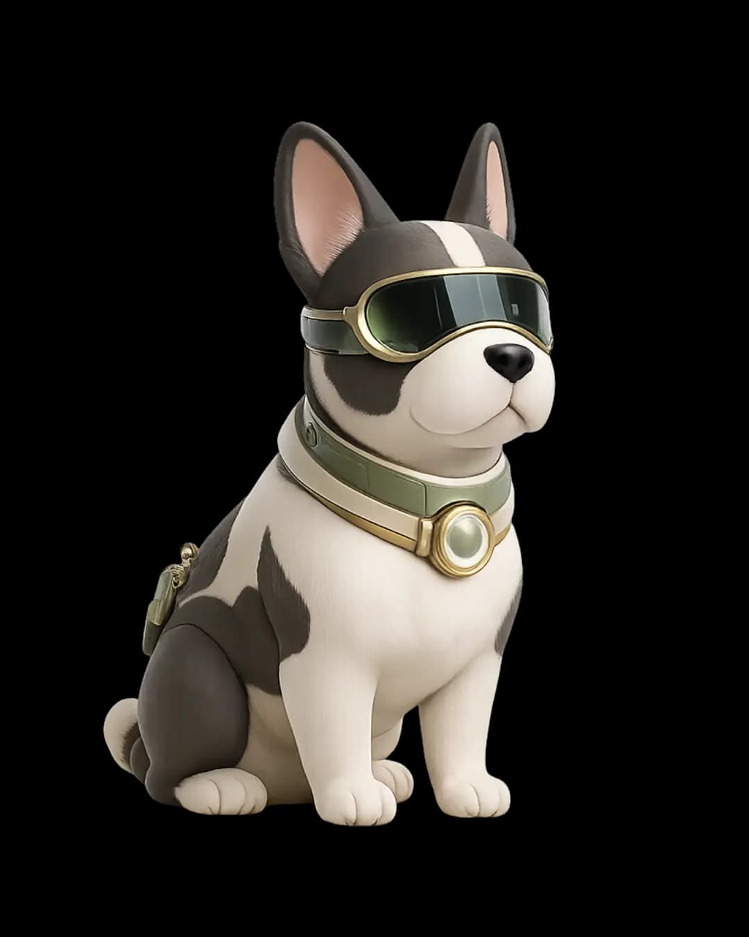 Beacon, a black-and-white French bulldog wearing slim sage goggles