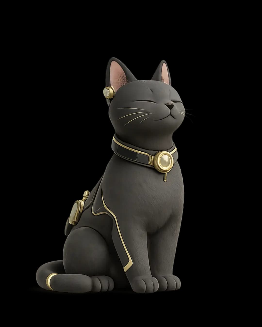 Quiet, a black cat with eyes closed in a contented sit