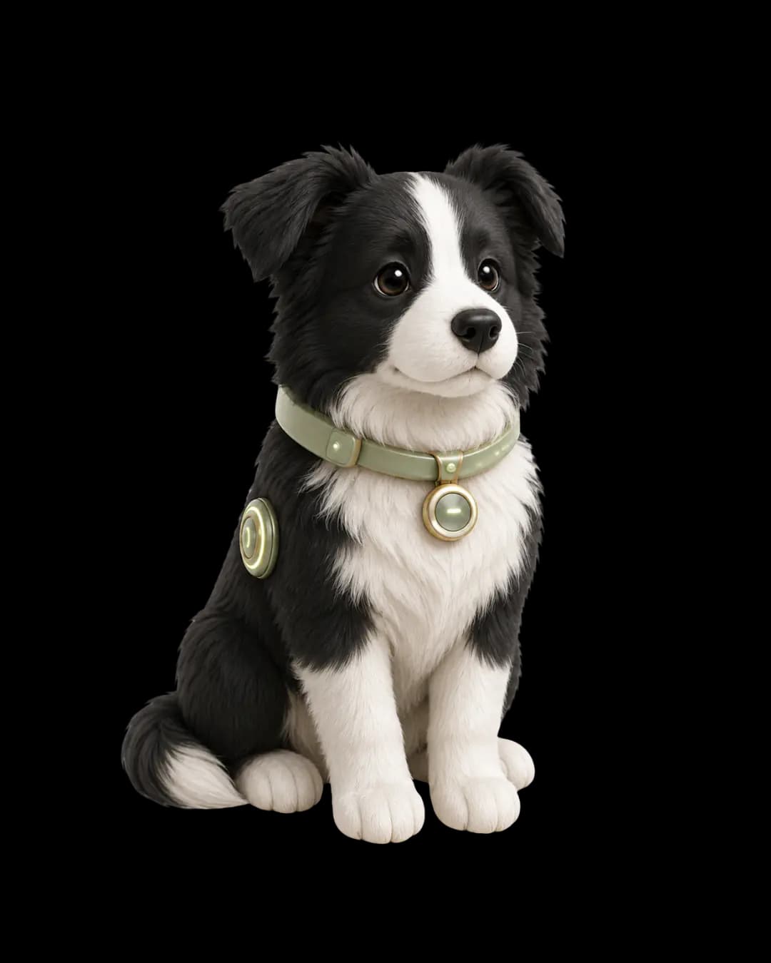Focus, a black-and-white border collie sitting alert