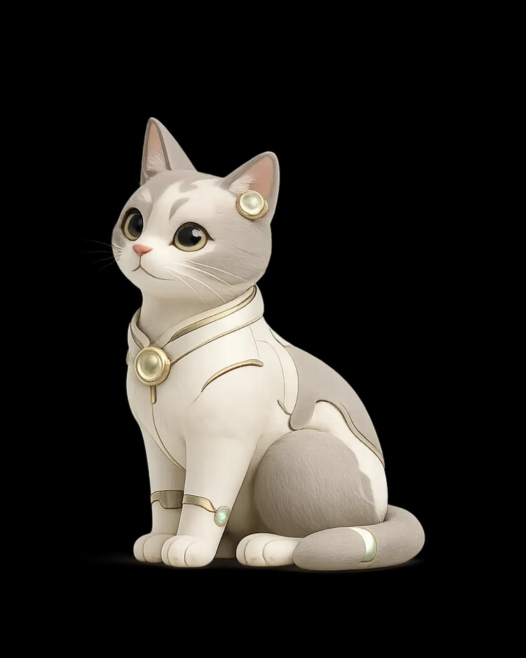 Curious, a gray tabby cat with bright eyes and an alert posture