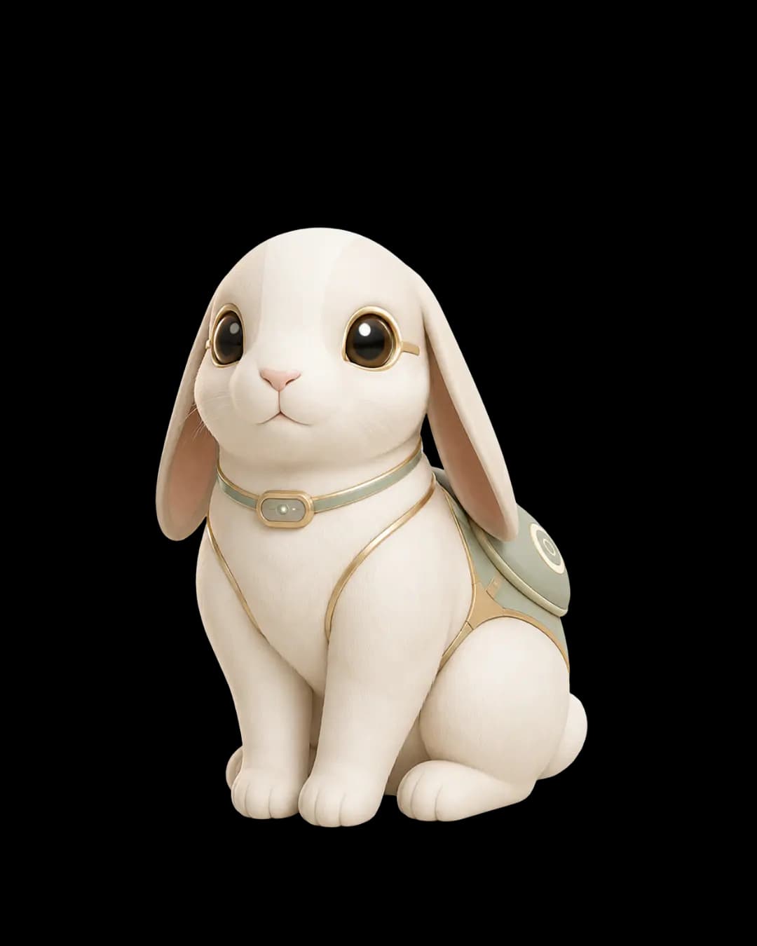 Kind, a white lop-eared rabbit with a gentle expression